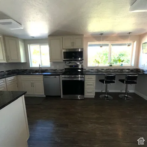 Kitchen featuring wood-finish flooring, white cabinetry, dark countertops, a mosaic tile backsplash, and stainless steel appliances