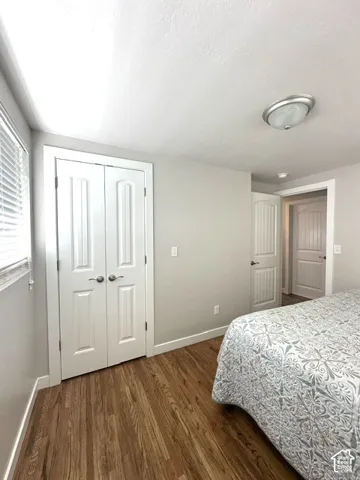 Wood-finish flooring with white trim, double panel doors, and a flush-mount ceiling light fixture