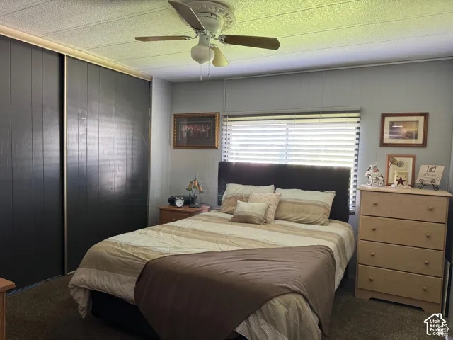 Ceiling fan with light fixture, horizontal window blinds, and dark-paneled sliding closet doors