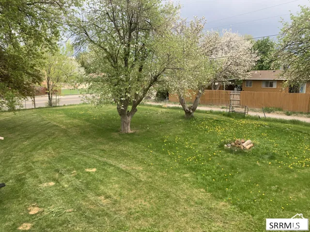 Expansive grass lawn with mature trees and a wood fence