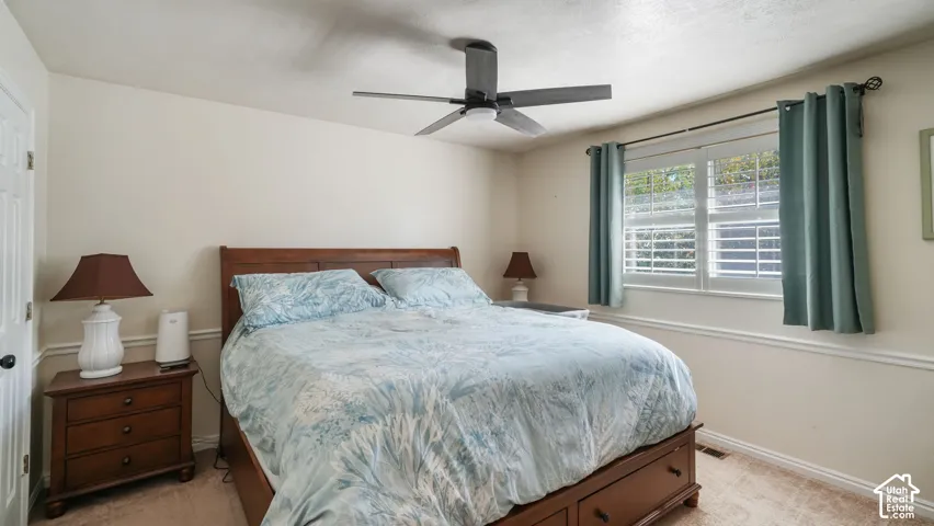 Ceiling fan with integrated lighting, window with plantation shutters, window with curtain rod, wall with chair rail molding, and carpeted flooring