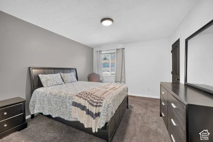 Carpeted flooring, window with blinds, overhead lighting, and a dark-finished door