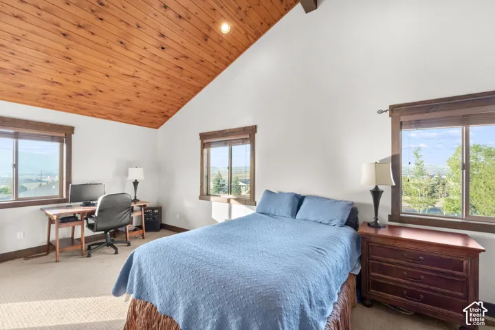 Vaulted wood-paneled ceiling, multiple windows with dark wood trim, and light-toned carpet flooring