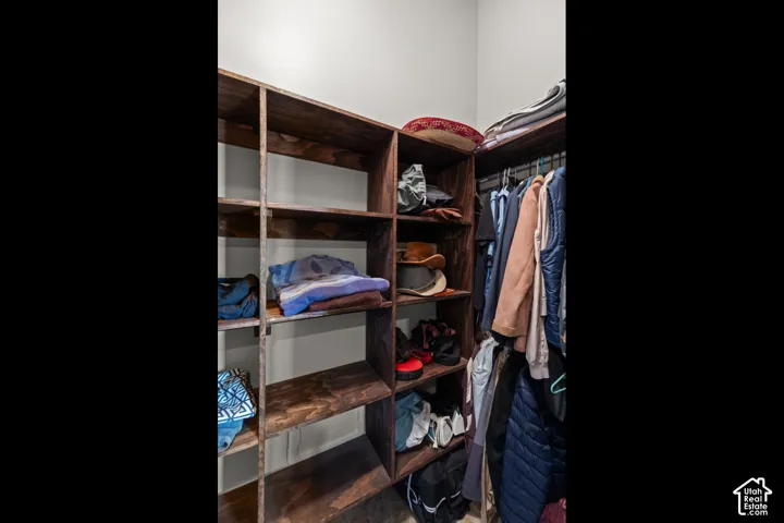 Built-in shelving with wood finish
