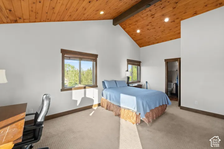 Vaulted wood-finish ceiling, recessed lighting, double windows with wood trim, wood-finish door frame, and neutral carpet
