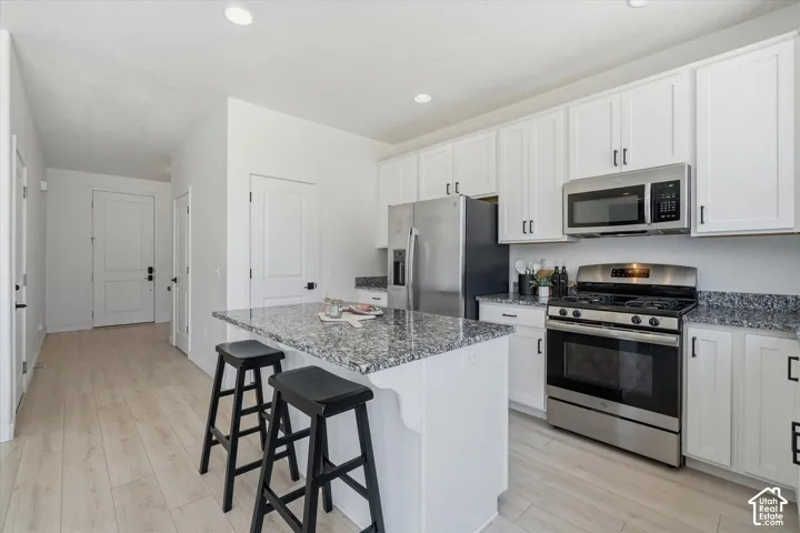 Kitchen featuring wood-finish flooring, white cabinetry, a large kitchen island with a stone countertop, and stainless steel appliances