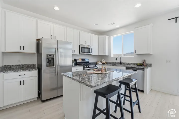 Modern kitchen featuring white cabinetry, stainless steel appliances, granite countertops, a central island with seating, and wood-finish flooring