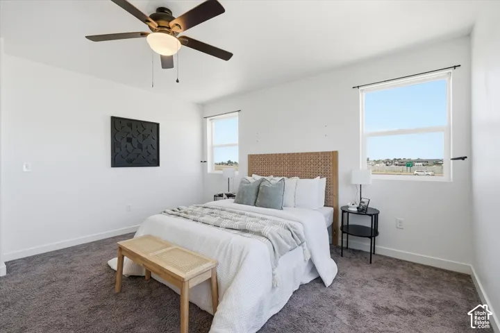 Recessed lighting, ceiling fan with integrated light, two windows with roller shades, and dark carpeting