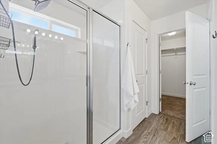 Glass-enclosed shower with a rainfall showerhead and a separate handheld sprayer