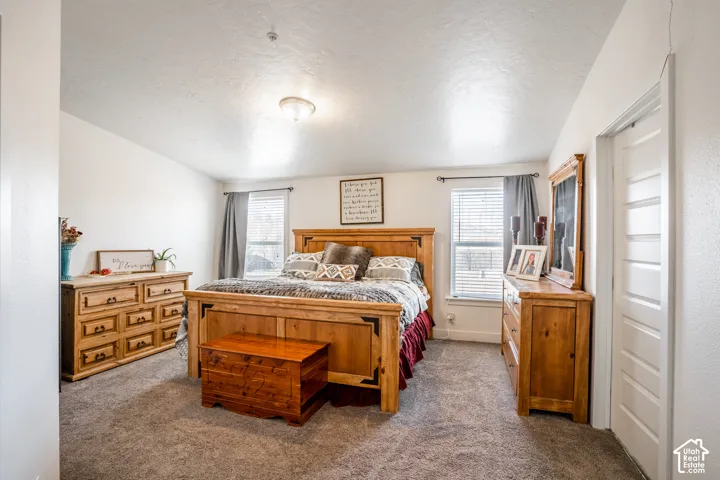 Spacious primary bedroom with warm wood-finish furnishings, carpeted flooring, and abundant natural light from multiple windows with blinds