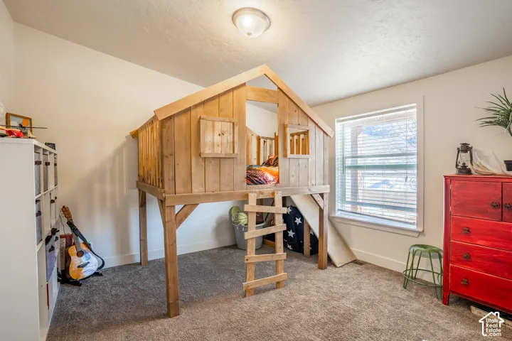 Spacious bedroom retreat featuring a custom wooden loft structure with railed platform and ladder access, ideal for creative room utilization