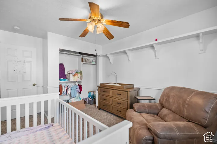 Carpeted room featuring a ceiling fan with integrated lighting, a built-in closet with shelving, and wall-mounted display shelving