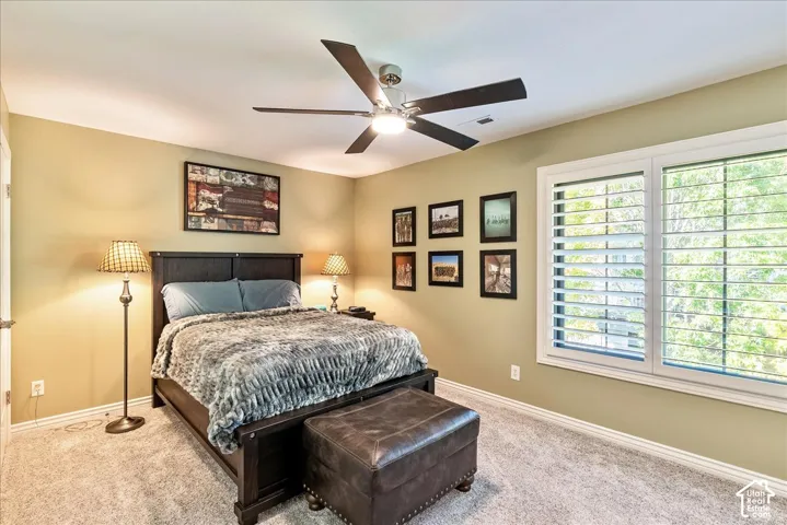 Wall-to-wall carpeting, window with plantation shutters, ceiling fan with integrated lighting, and light-toned wall paint