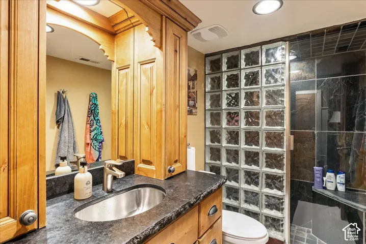 Wood-finish cabinetry, dark stone countertop, stainless steel sink, glass block shower enclosure, and dark tile shower