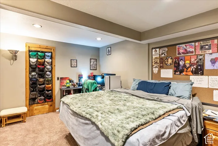 Recessed lighting illuminates a space featuring a wood-panel door, neutral wall tones, and carpeted flooring