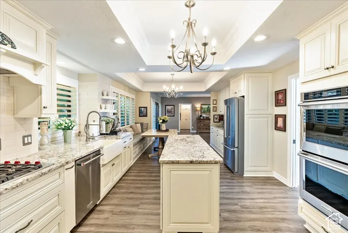 Light-toned cabinetry with inset paneling, granite countertops, wood-finish flooring, recessed lighting, and stainless steel appliances