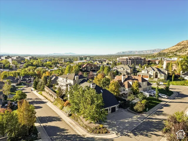 Residential neighborhood with mature trees and paved streets, framed by distant mountains and urban landscape