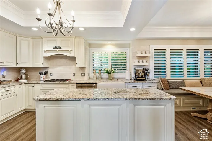 Kitchen featuring a large island with stone countertop, white shaker-style cabinetry, stainless steel appliances, and wood-finish flooring