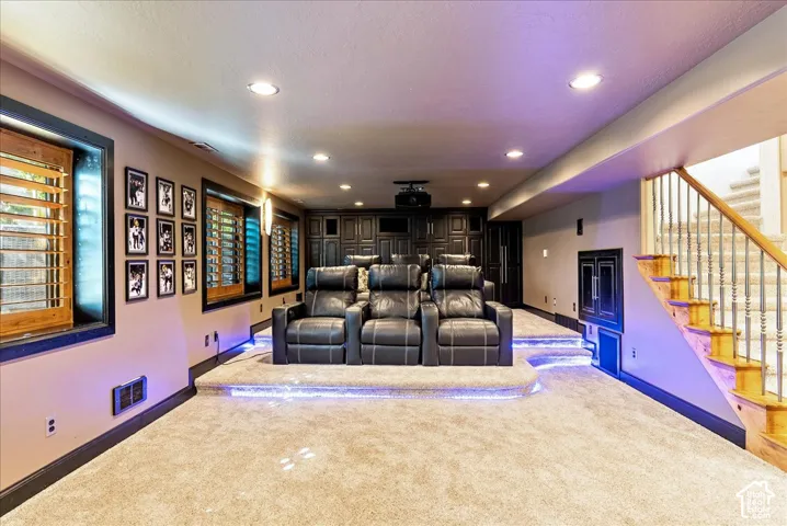 Dedicated media room with tiered seating