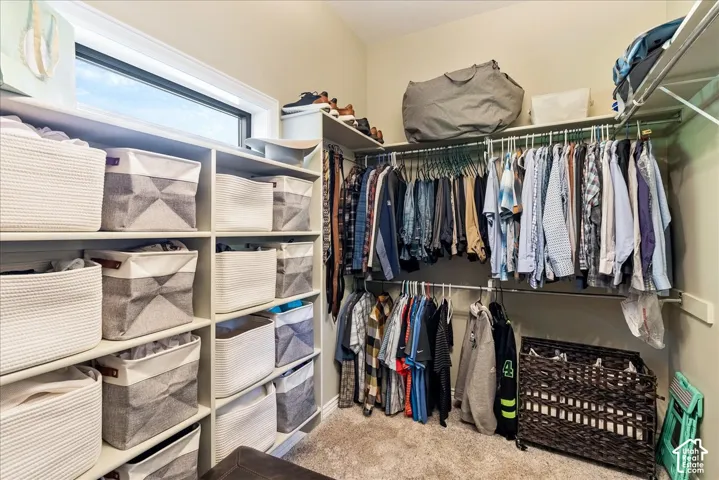 Custom built-in shelving, expansive clothing rods, high-set horizontal window, and soft carpet flooring