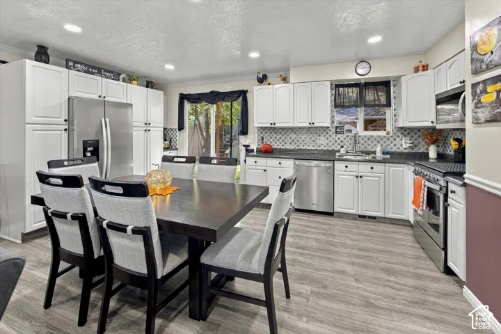 Spacious kitchen featuring white cabinetry, stainless steel appliances, dark countertops, a decorative tile backsplash, and wood-finish flooring