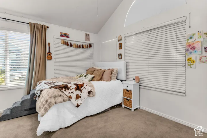 Vaulted ceilings, carpeted flooring, and two windows with blinds