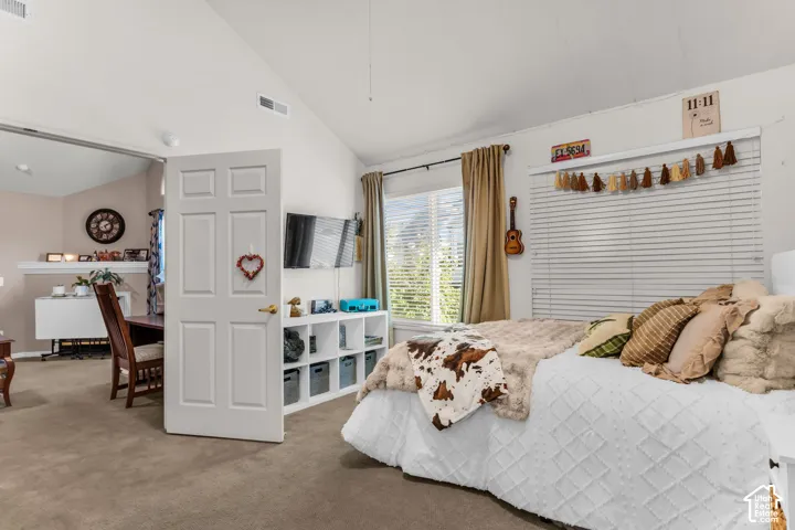 Vaulted ceiling, carpeted flooring, window with blinds, six-panel interior door, and built-in shelving unit