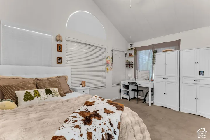 Vaulted ceiling, arched transom window, two window blinds, built-in shelving, carpeted flooring