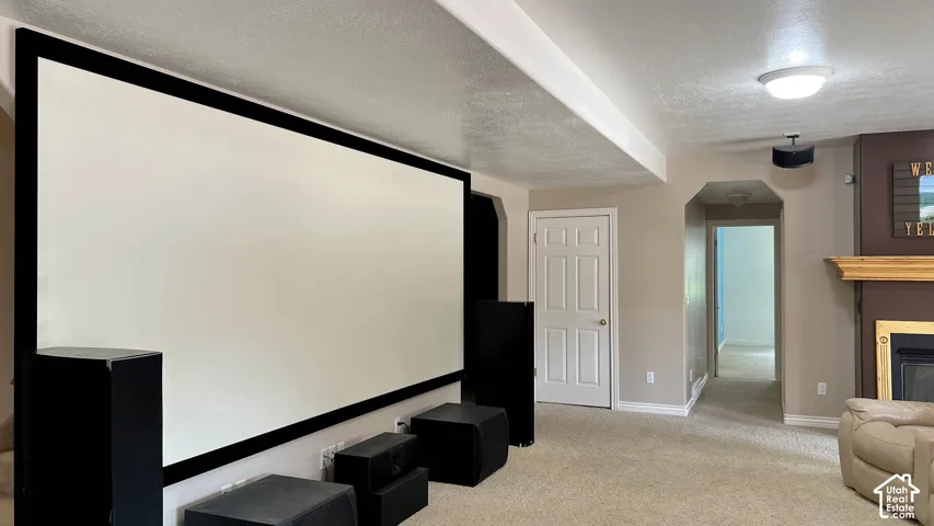 Large projection screen, recessed lighting, ceiling-mounted light fixture, arched doorway, fireplace with mantel