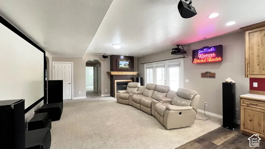 Large projection screen, recessed lighting, wood-finish flooring, built-in cabinetry, arched doorway