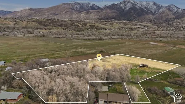 Expansive property with wooded areas and open fields, featuring a prominent mountain backdrop