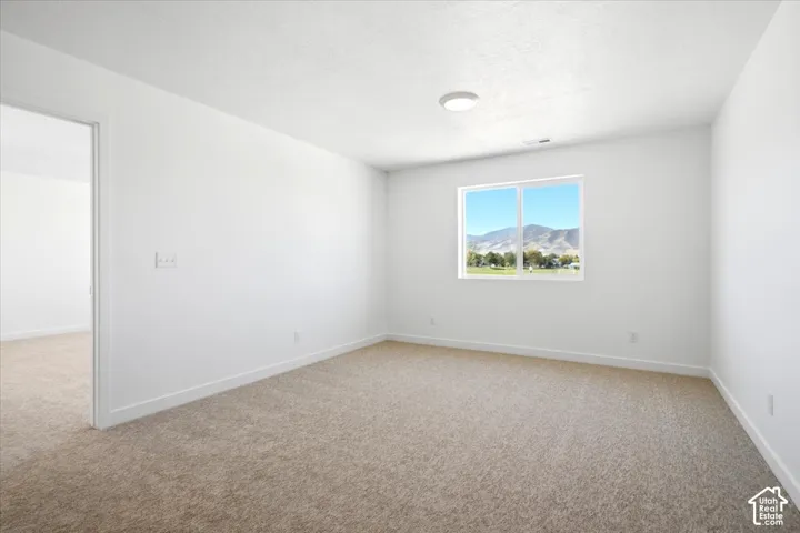 Carpeted flooring, white painted walls, a window with mountain scenery, and a ceiling-mounted light fixture