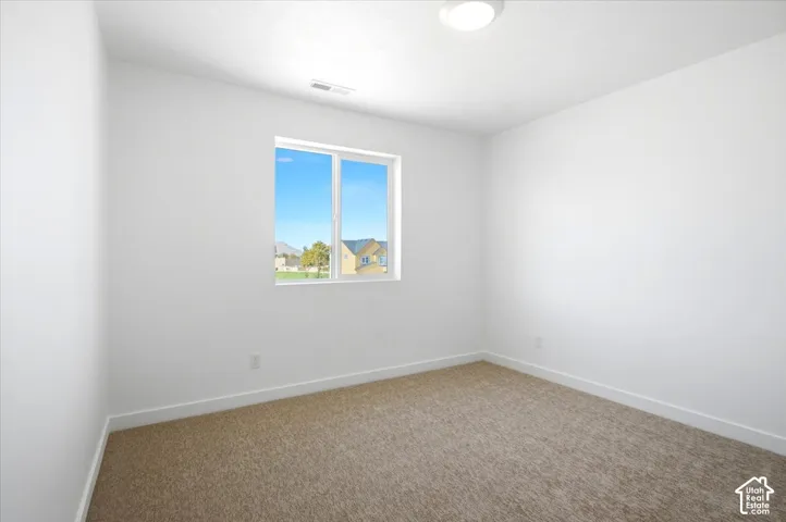 White painted walls, neutral carpeting, and a flush-mount ceiling light