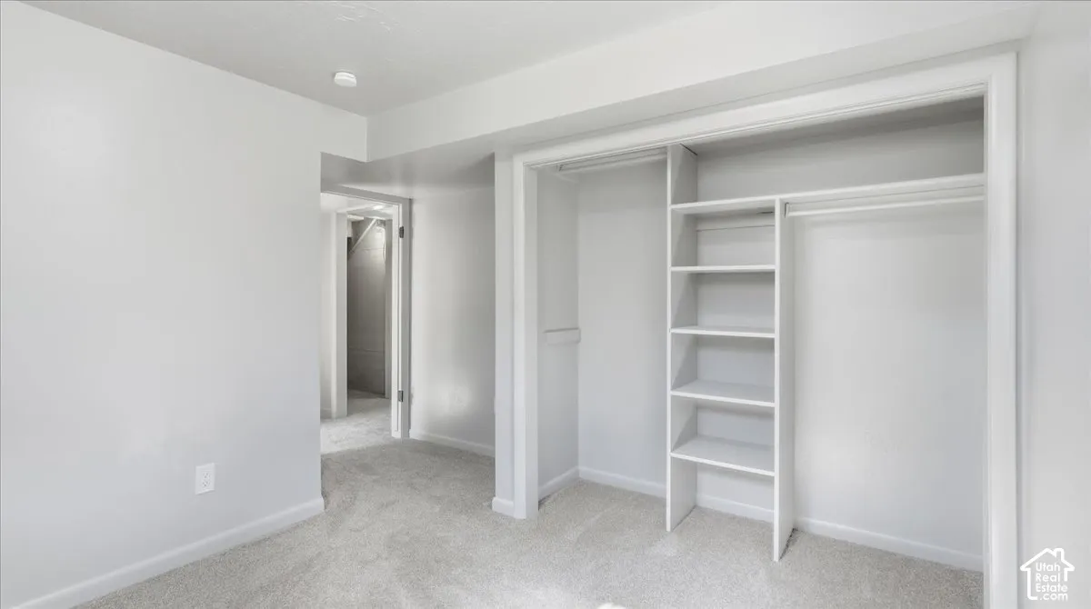 Recessed lighting, light gray carpeting, and a built-in closet system with shelving and hanging rods