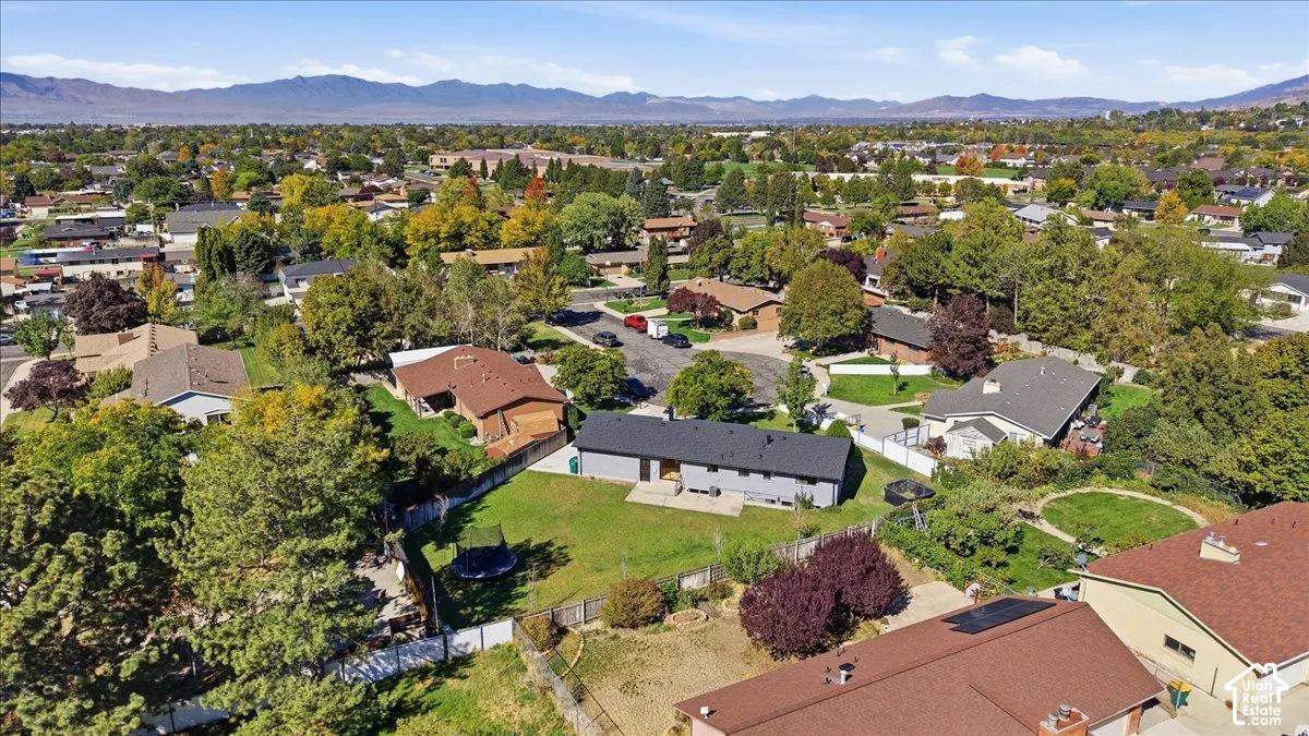 Expansive residential neighborhood with varied architectural styles, mature trees, and mountainous background scenery