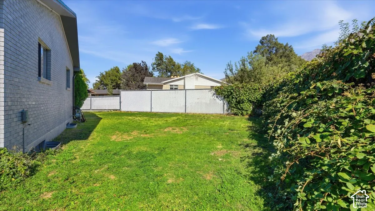 Spacious grass lawn bordered by a block brick exterior, chain link fencing, and a trellised green wall