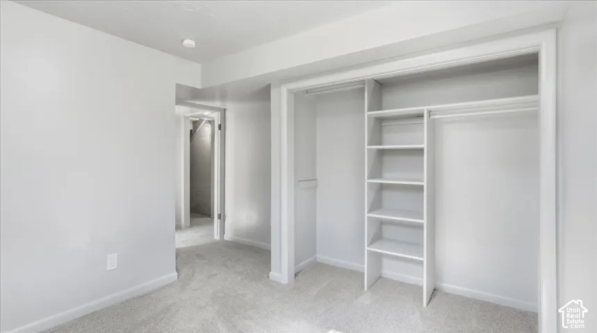 Recessed lighting, light gray carpeting, and a built-in closet system with shelving and hanging rods