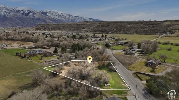 Expansive land parcel with surrounding agricultural fields, mature trees, and a mountain backdrop