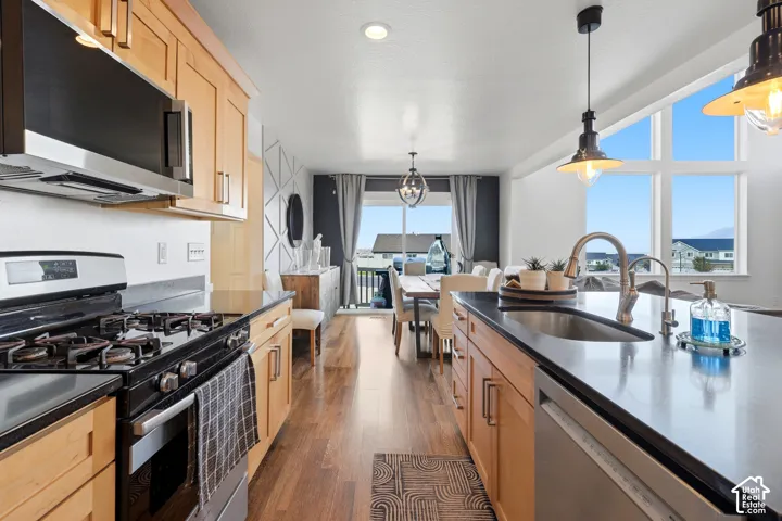 Wood-finish flooring throughout, stainless steel appliances, light wood cabinetry, dark countertops, and large windows