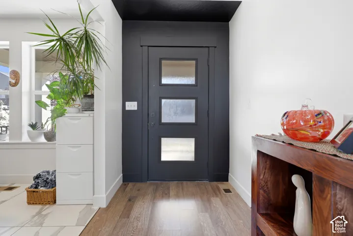 Entryway featuring a dark-painted door with three rectangular glass inserts, wood-finish flooring, and white walls