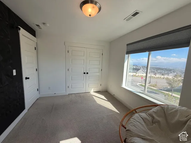 Plush carpeting throughout, white paneled doors, textured accent wall, and large window with roller shades