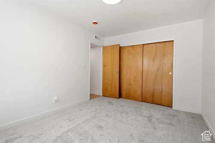 Light gray carpeting, a white ceiling with a flush-mount light fixture, and two wood-paneled closet doors with brass-toned hardware