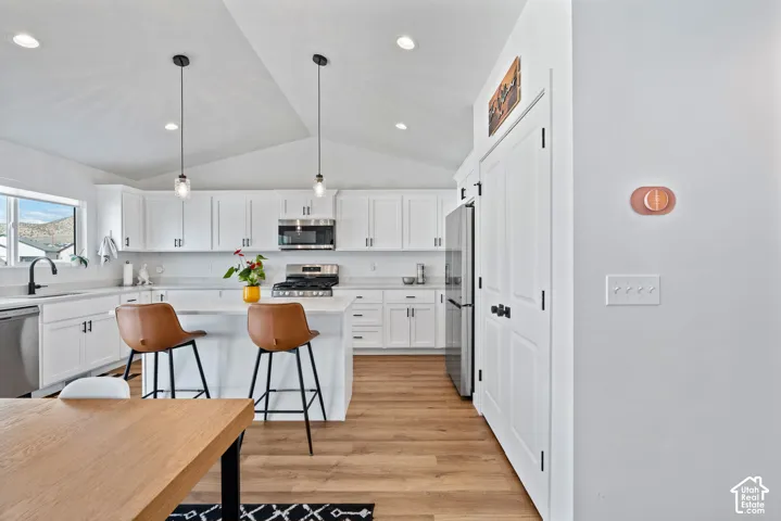 Modern kitchen featuring white cabinetry, stainless steel appliances, a center island with countertop seating, and wood-finish flooring