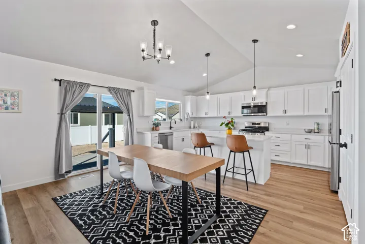 Kitchen featuring white shaker-style cabinetry, stainless steel appliances, a center island with pendant lighting, and light-toned wood-finish flooring