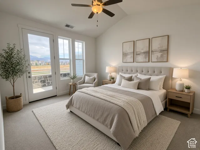Vaulted ceiling with a ceiling fan, carpeted flooring, French door with sidelights, and a tufted fabric headboard
