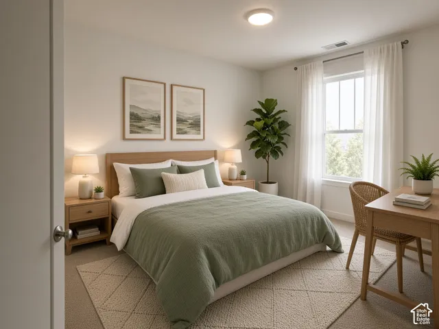 Hardwood bed frame, recessed ceiling light, large window with sheer curtains, wood-finish side tables, and light-toned carpet flooring