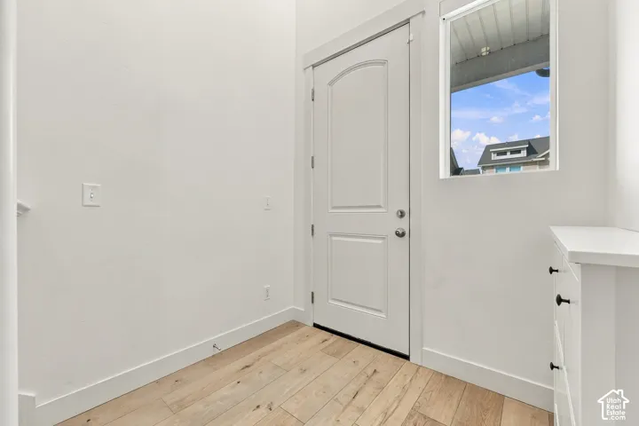 Wood-finish flooring, white paneled door, and a built-in white cabinet with black pulls