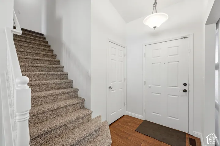 Carpeted staircase with white balusters, wood-finish flooring, and white paneled doors