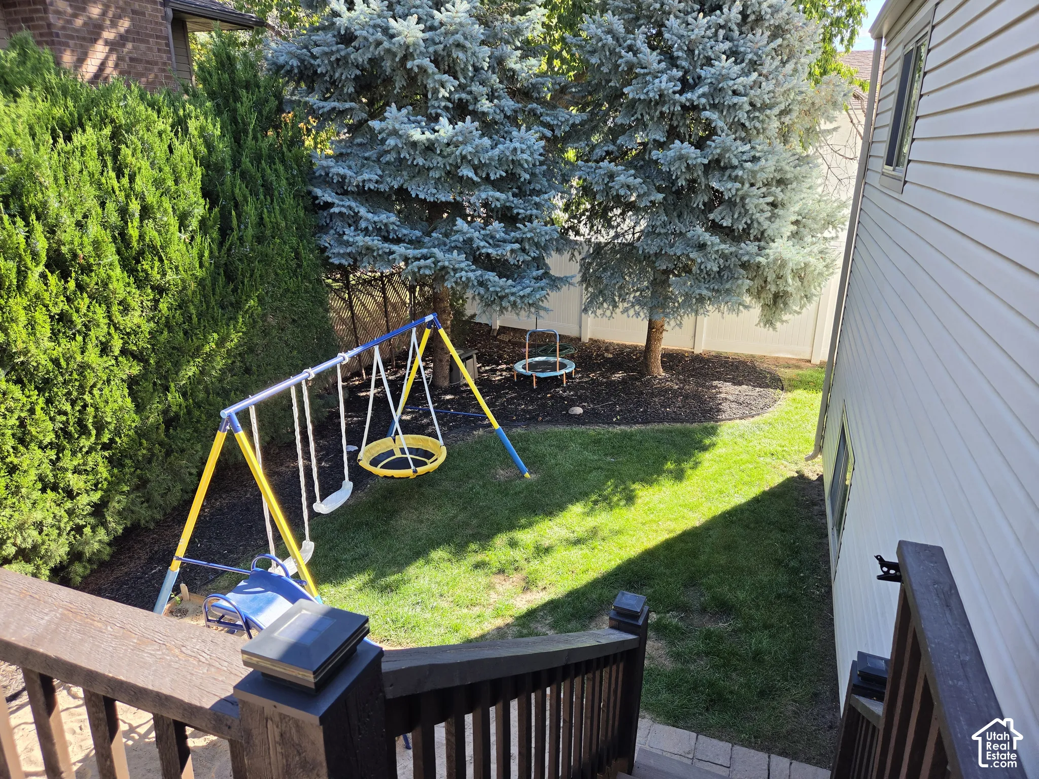 Expansive backyard featuring a manicured lawn, mature evergreen trees, and a privacy fence