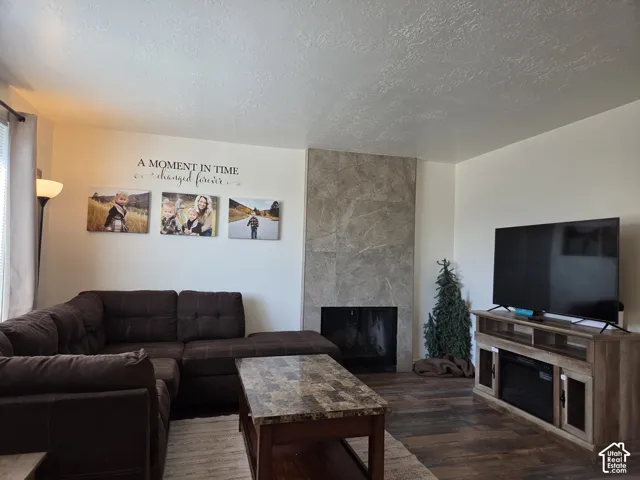 Living area featuring a stone-clad fireplace, wood-finish flooring, and light-toned wall paint